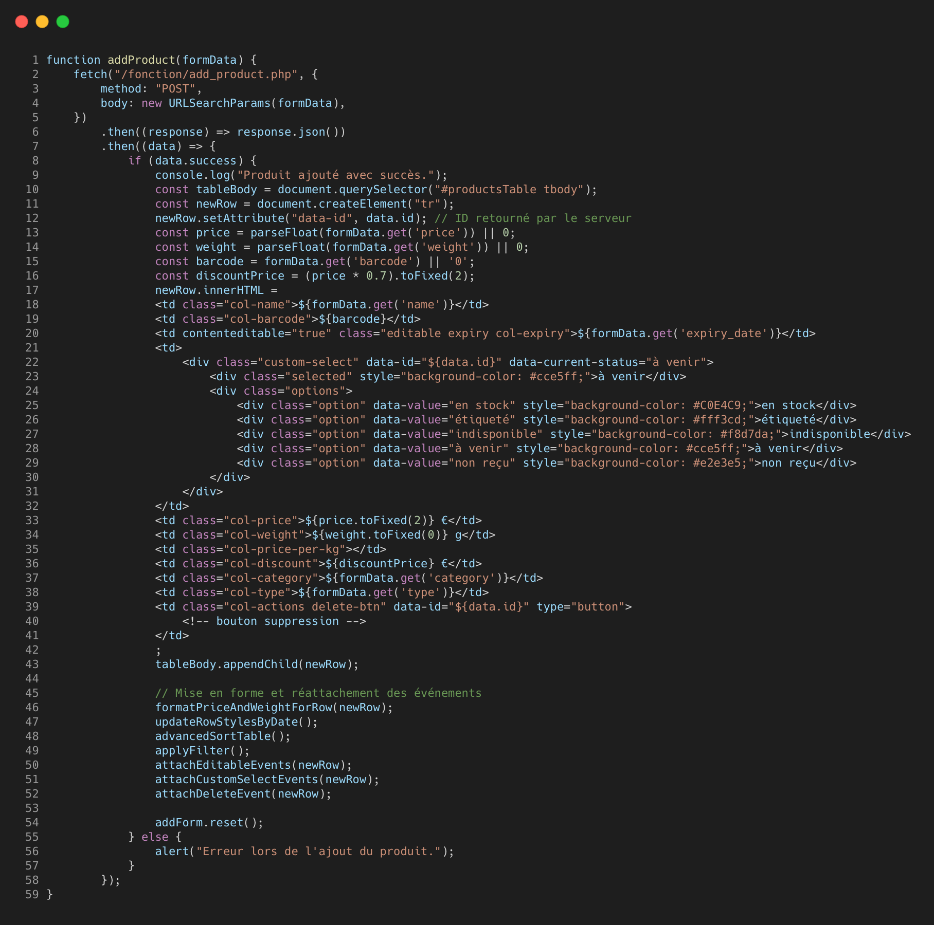 Capture de code de l'ajout dynamique