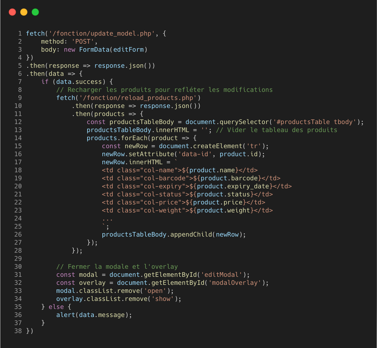 Capture de la mise à jour du modèle