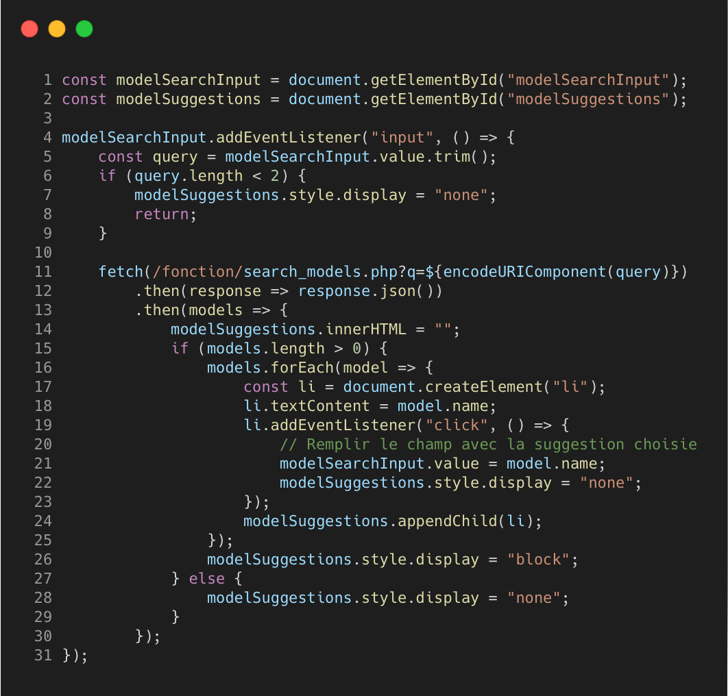 Capture de code de l'affichage dynamique des suggestions