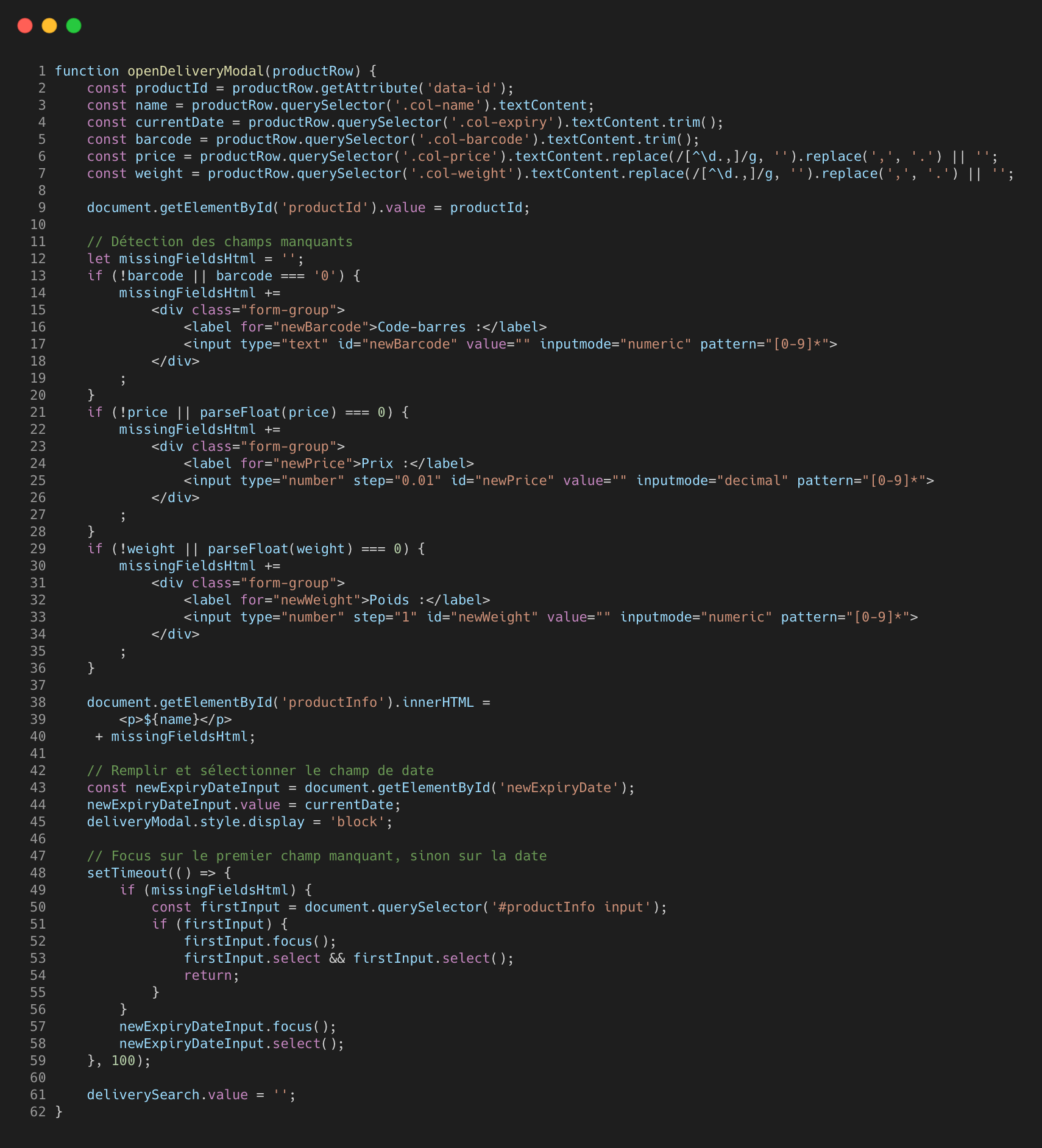 Capture de code de l'affichage dynamique des suggestions