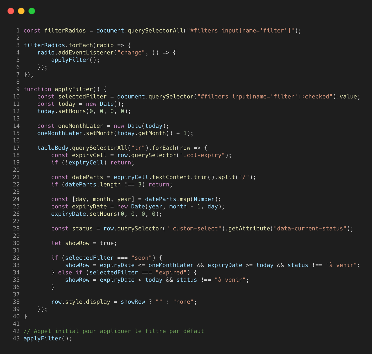 Capture de la gestion des filtres