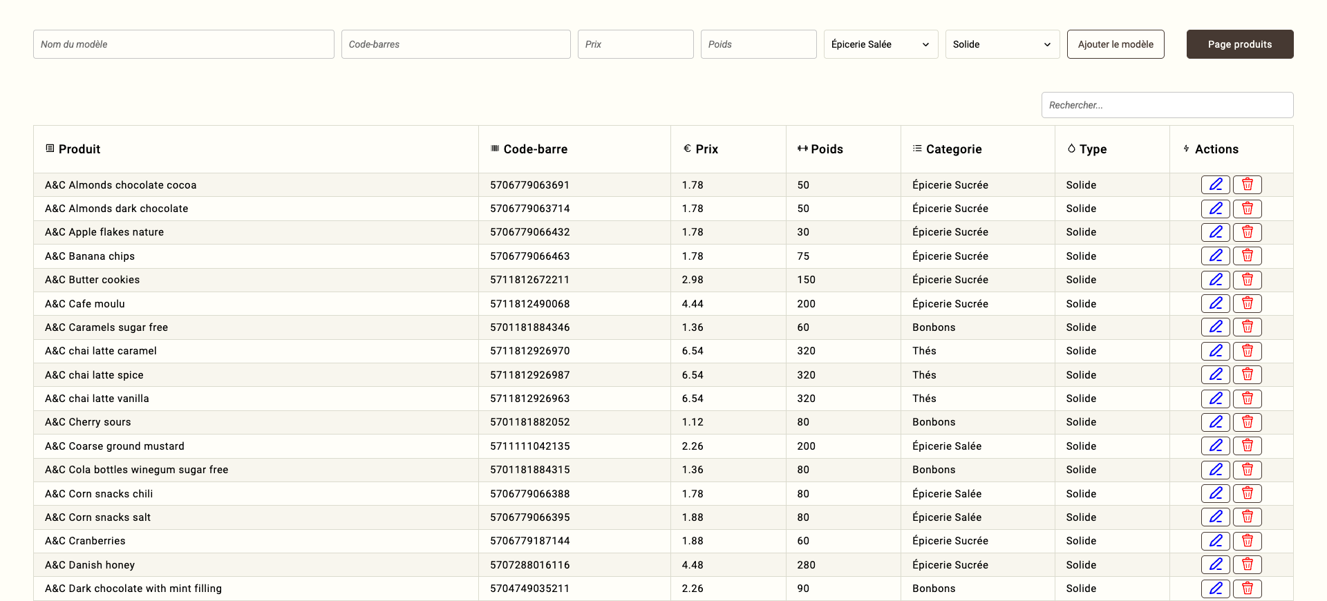 Capture de la page des modèles