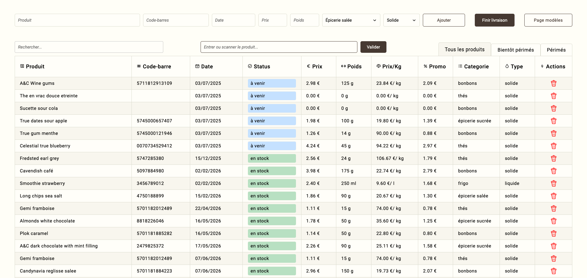 Capture de la page des produits